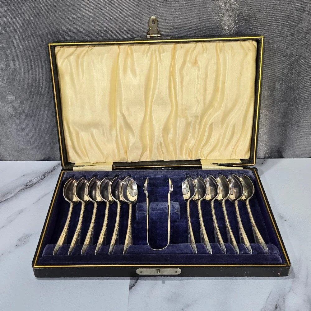 HAMILTON LAIDLAW Victorian Cased Teaspoon Sugar Tong Set 13 Pc Silver Plate